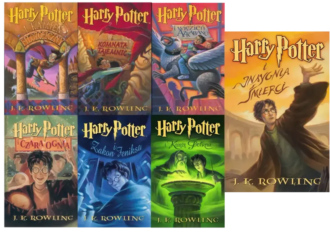 Okładki książek autorstwa J.K. Rowling, w tym "Kamień Filozoficzny", "Komnata Tajemnic", "Więzień Azkabanu", "Czara Ognia", "Zakon Feniksa", "Książę Półkrwi" i "Insygnia Śmierci".