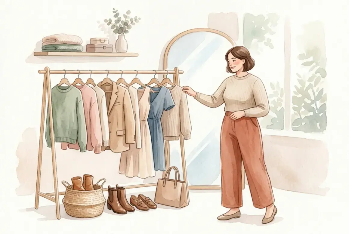 Eine Frau wählt aus einer Garderobe mit ausgewählten Kleidungsstücken, die eine Capsule Wardrobe für stilvolle Outfits bilden.