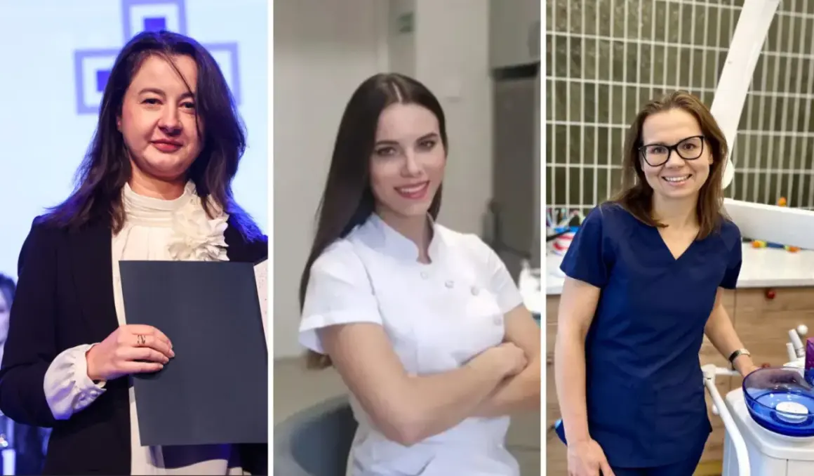 Trzy kobiety w strojach zawodowych, prawdopodobnie dentystki, w kadrze.