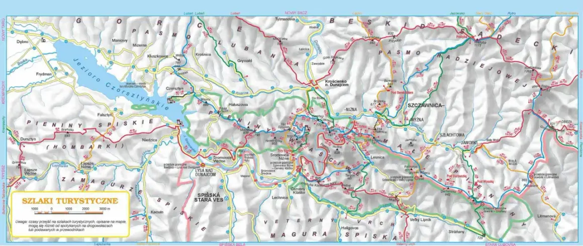 Mapa turystyczna Pienińskiego Parku Narodowego z zaznaczonymi szlakami, szczytami i ciekawostkami, np. zamkami w Niedzicy i Czorsztynie.