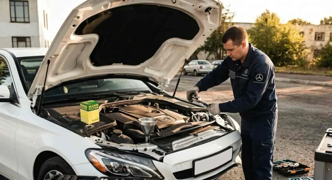 Mecánico realiza mantenimiento a de Mercedes, con capó abierto y caja de filtros a la vista.