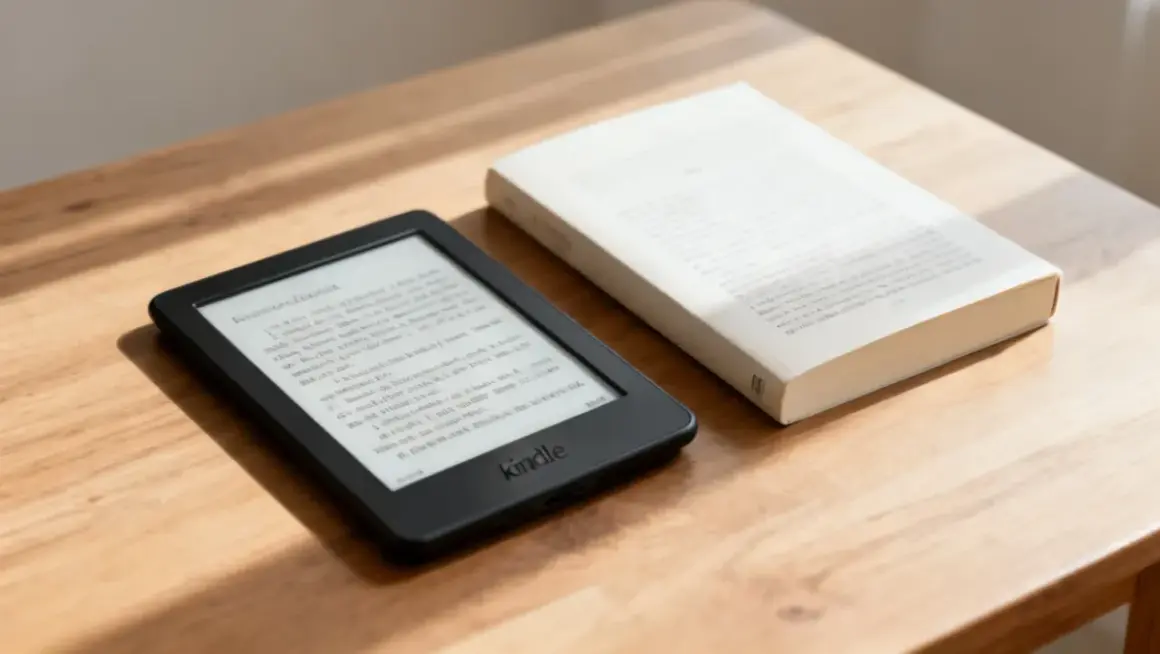 Une liseuse Kindle et un livre papier reposent sur une table en bois. Le choix entre le numérique et le papier pour une bonne lecture.