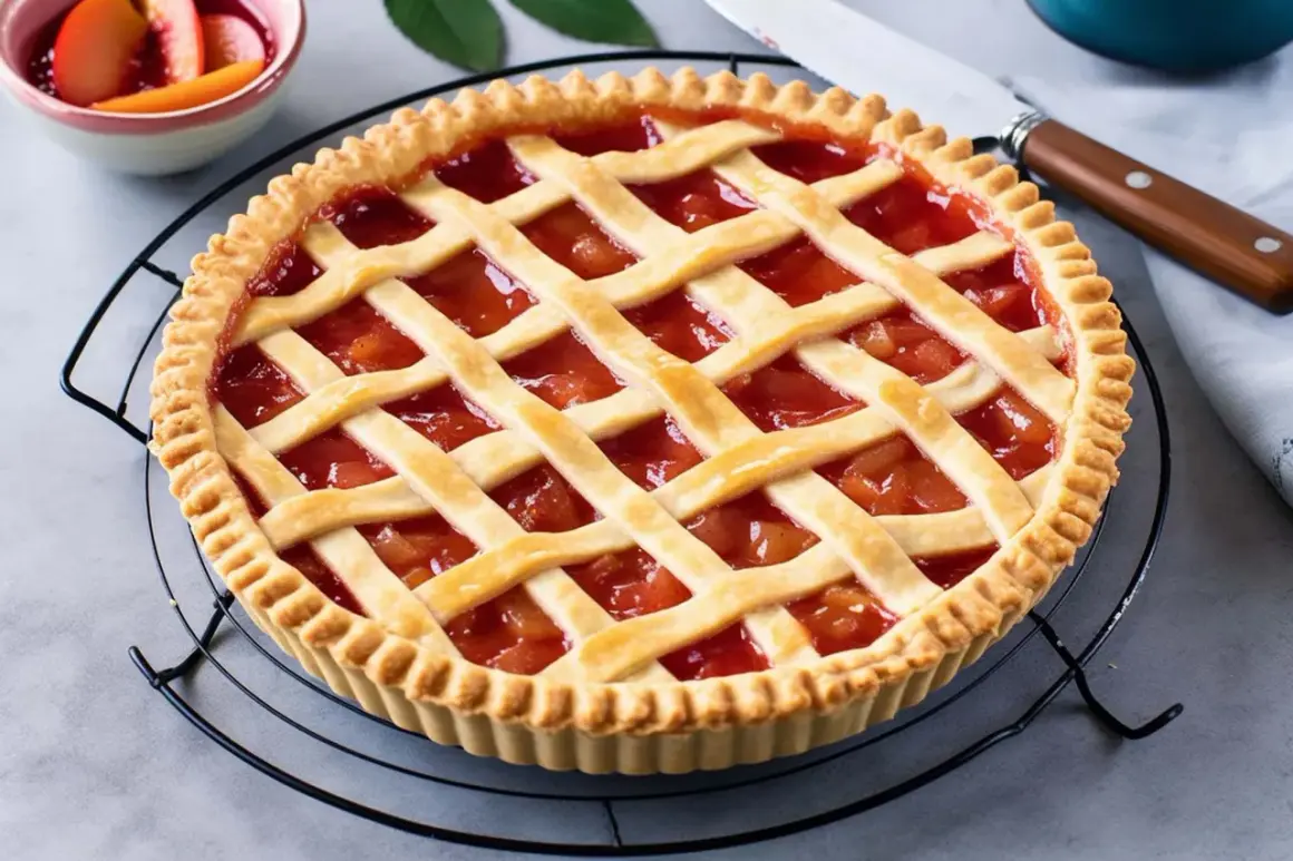 Torta con ripieno di frutta e griglia di pasta frolla classica, pronta per essere gustata.