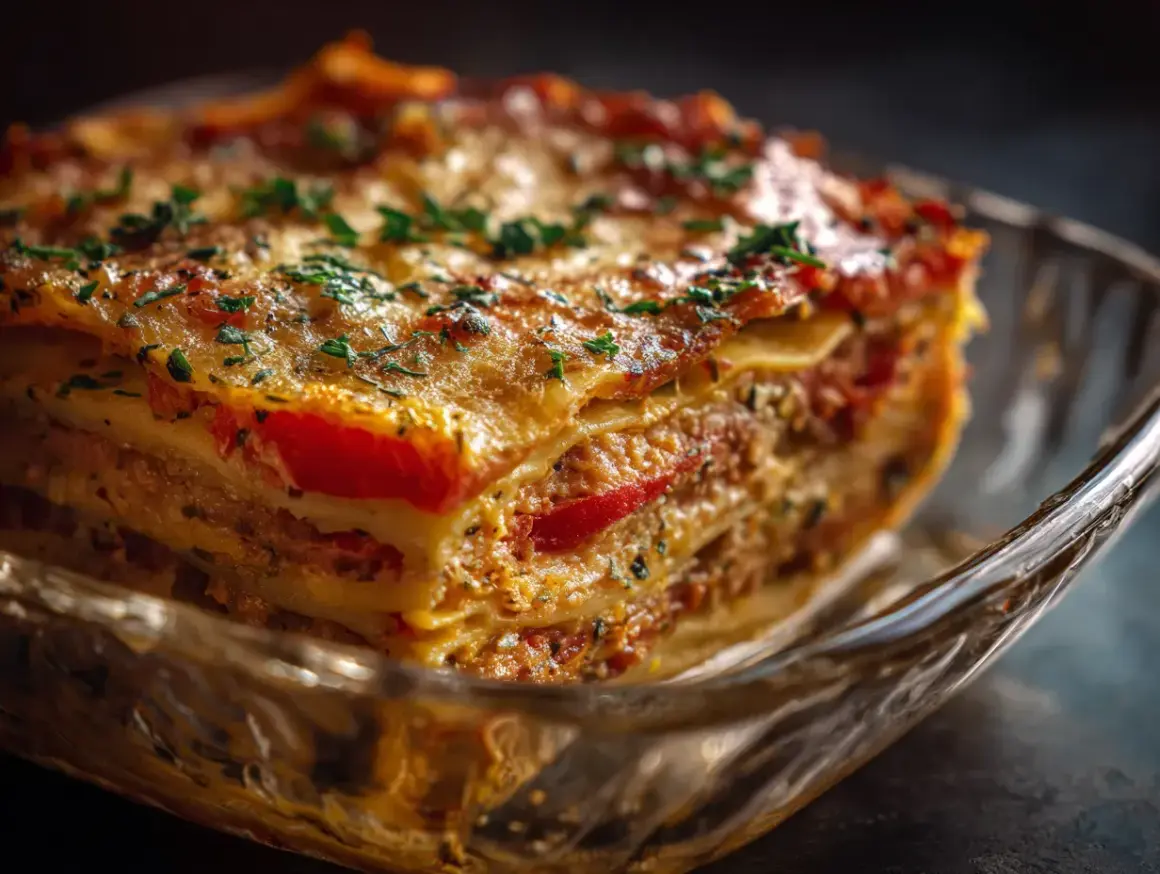En saftig bit nyttig lasagne med lager av pasta, köttfärs och tomatsås, toppad med smält ost och persilja.
