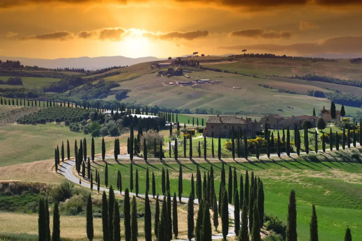 Colline toscane al tramonto, con cipressi che fiancheggiano una strada tortuosa. Un paesaggio da cartolina, un invito a scoprire cosa vedere ad Asciano.