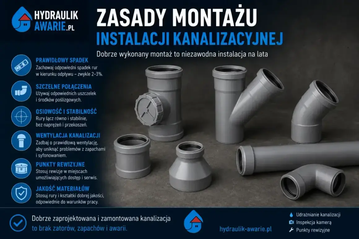 Różne kształtki i średnice rur pcv do instalacji kanalizacyjnej, prezentujące zasady prawidłowego montażu.