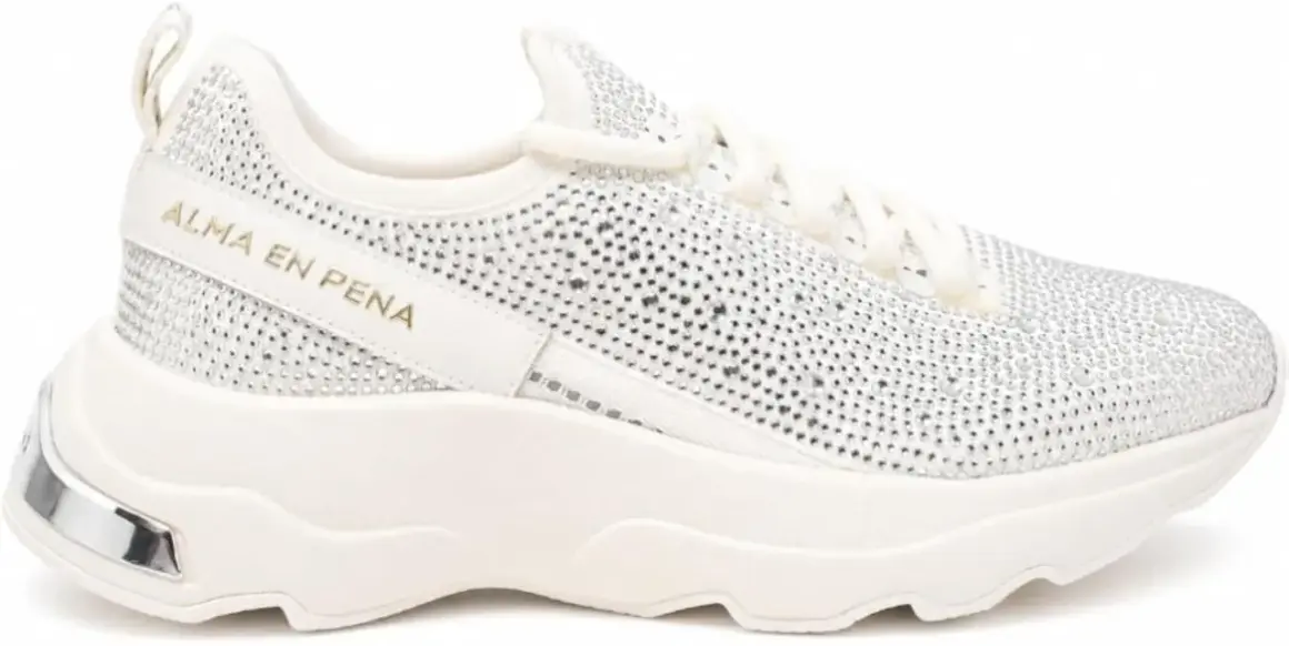 Sneakers bianche Alma en Pena tempestose di strass, con dettagli dorati e inserto argentato sul tallone.