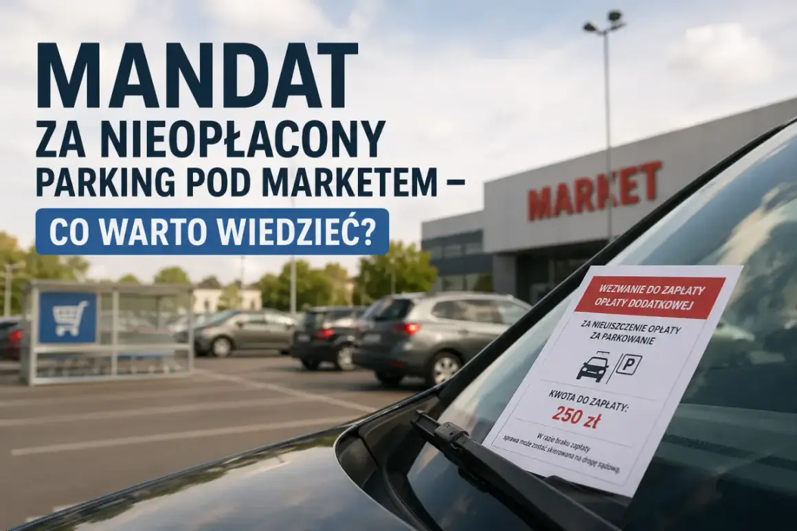 Mandat za nieopłacony parking pod marketem. Na szybie samochodu wezwanie do zapłaty 250 zł za parkowanie.