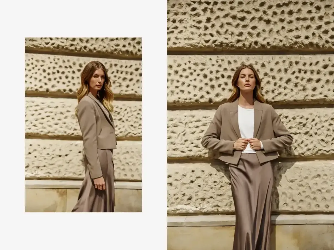 Elegancka beżowa marynarka męska w stylizacjach z jedwabną spódnicą. Klasyka i nowoczesność w jednym.