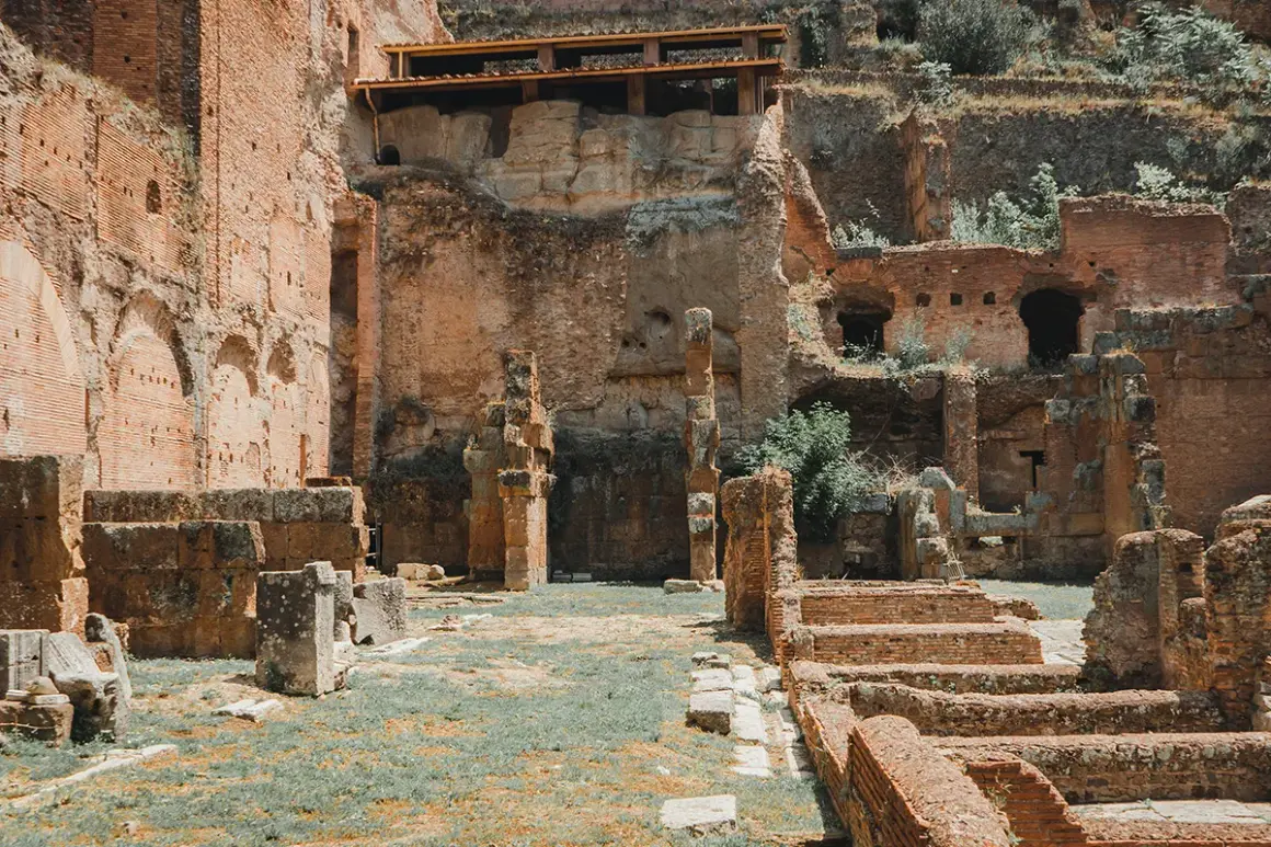 Rovine antiche nel foro romano palatino, con mattoni rossi e vegetazione che cresce tra le pietre.