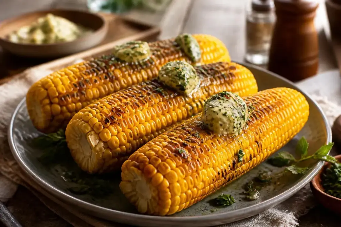 Drei gegrillte Maiskolben mit Kräuterbutter, perfekt zum mais kochen.