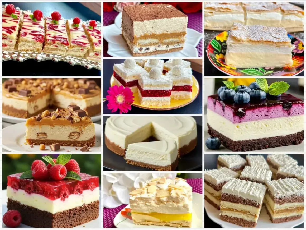 Jakie ciasto! Kolekcja pysznych deserów: sernik z bakaliami, tiramisu, ciasto z malinami i borówkami, a także inne słodkości.