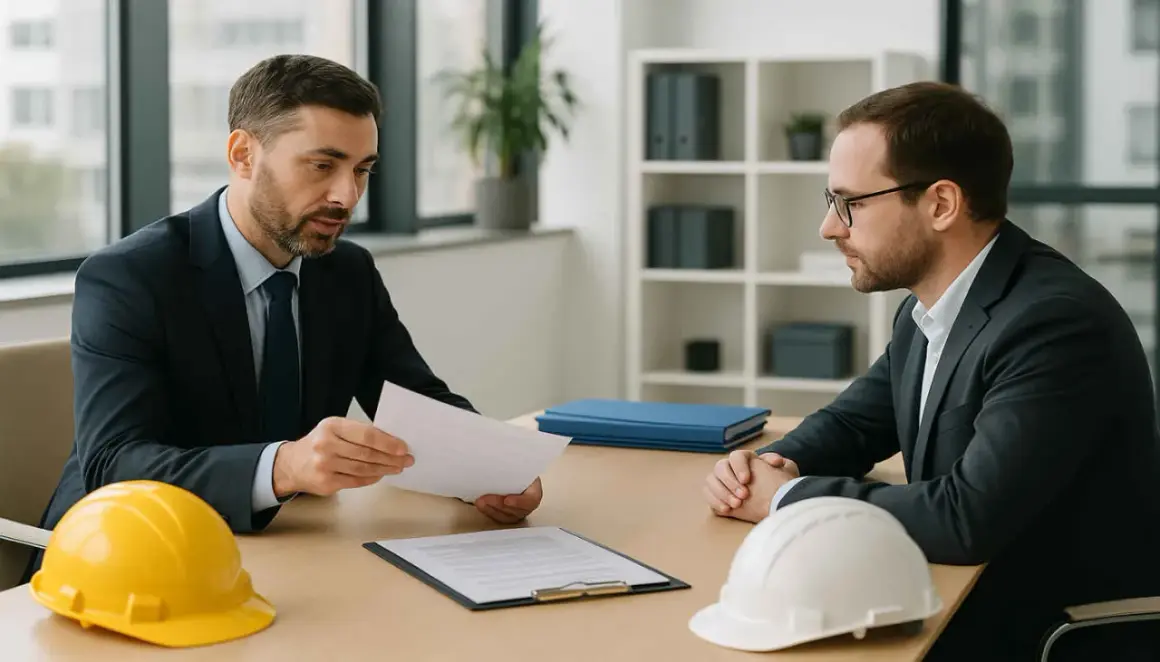 Due uomini d'affari discutono documenti. Sul tavolo, elmetti gialli e bianchi, simboli della sicurezza sul lavoro. Il responsabile del servizio di prevenzione e protezione viene nominato dal datore di lavoro.