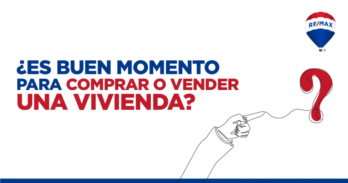 ¿Es buen momento para comprar vivienda? Un dedo señala un gran signo de interrogación rojo. Logo de RE/MAX.