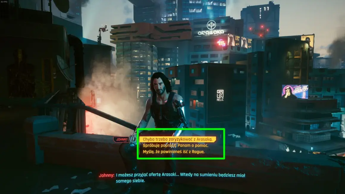 Johnny Silverhand w Night City, rozważa współpracę z Arasaką lub prośbę o pomoc od Panam.