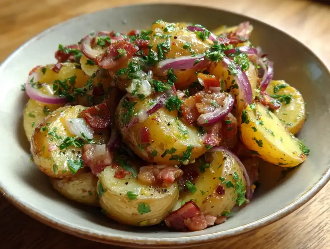En skål med tysk potatissallad, full av potatis, rödlök, knaperstekt bacon och färsk persilja.