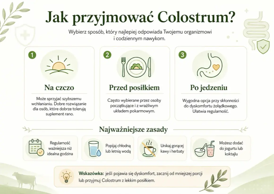 Jak przyjmować colostrum? Na czczo, przed lub po posiłku. Ważna jest regularność, popijaj chłodną wodą, unikaj gorących napojów. Colostrum co to? To siara.