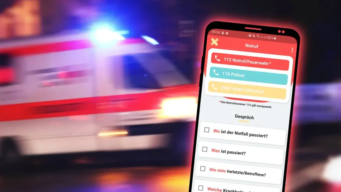 Notruf-App mit wichtigen Nummern und Fragen zur Erfassung von Notfällen. Hilft Ersthelfern bei ihren Aufgaben.