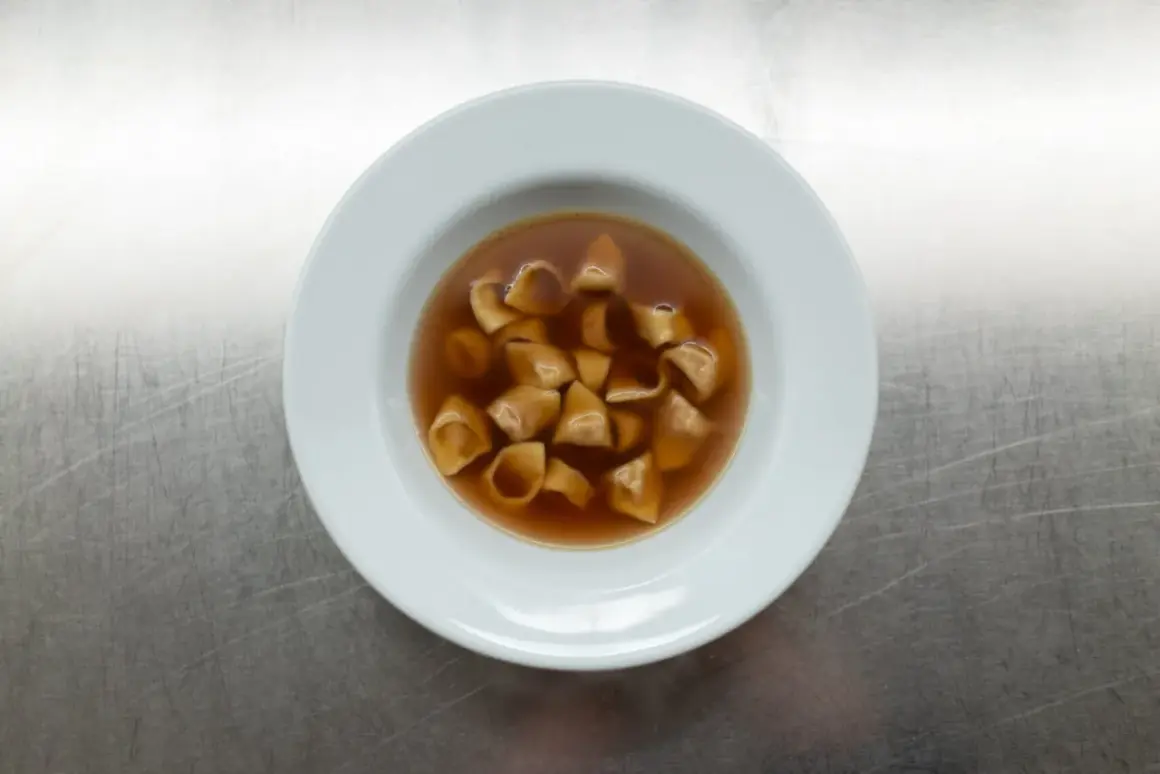 Eine Schüssel mit dampfendem Tortellini in Brodo auf einem metallischen Hintergrund.