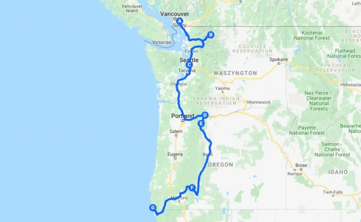 Trasa podróży przez stany USA: Waszyngton i Oregon, od Vancouver po wybrzeże.