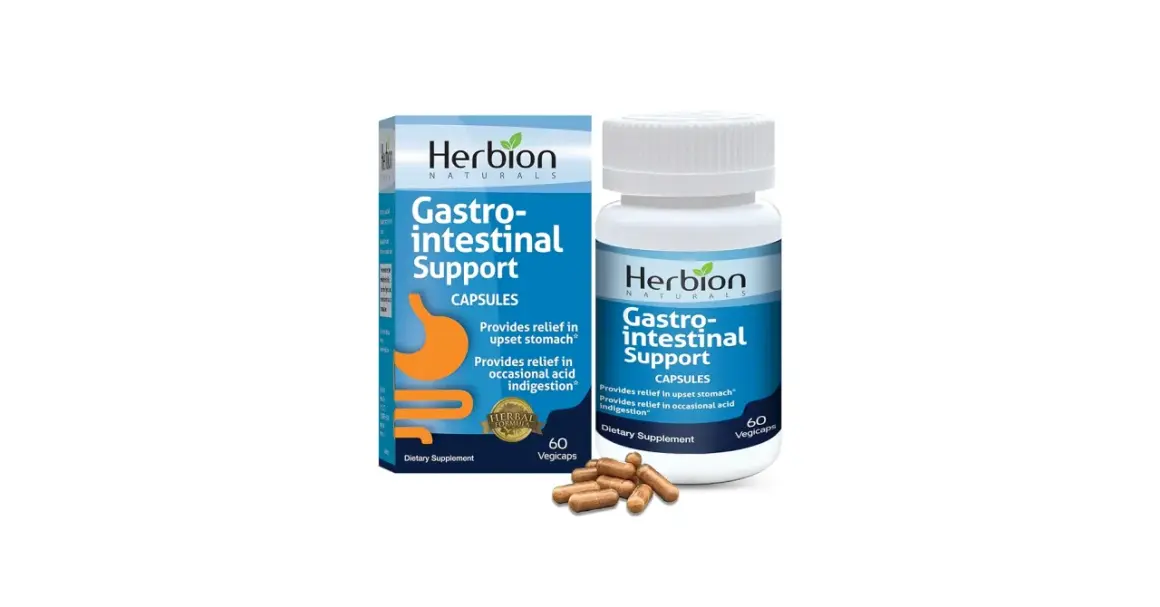 Opakowanie i butelka suplementu diety Herbion Gastro-intestinal Support z kapsułkami.