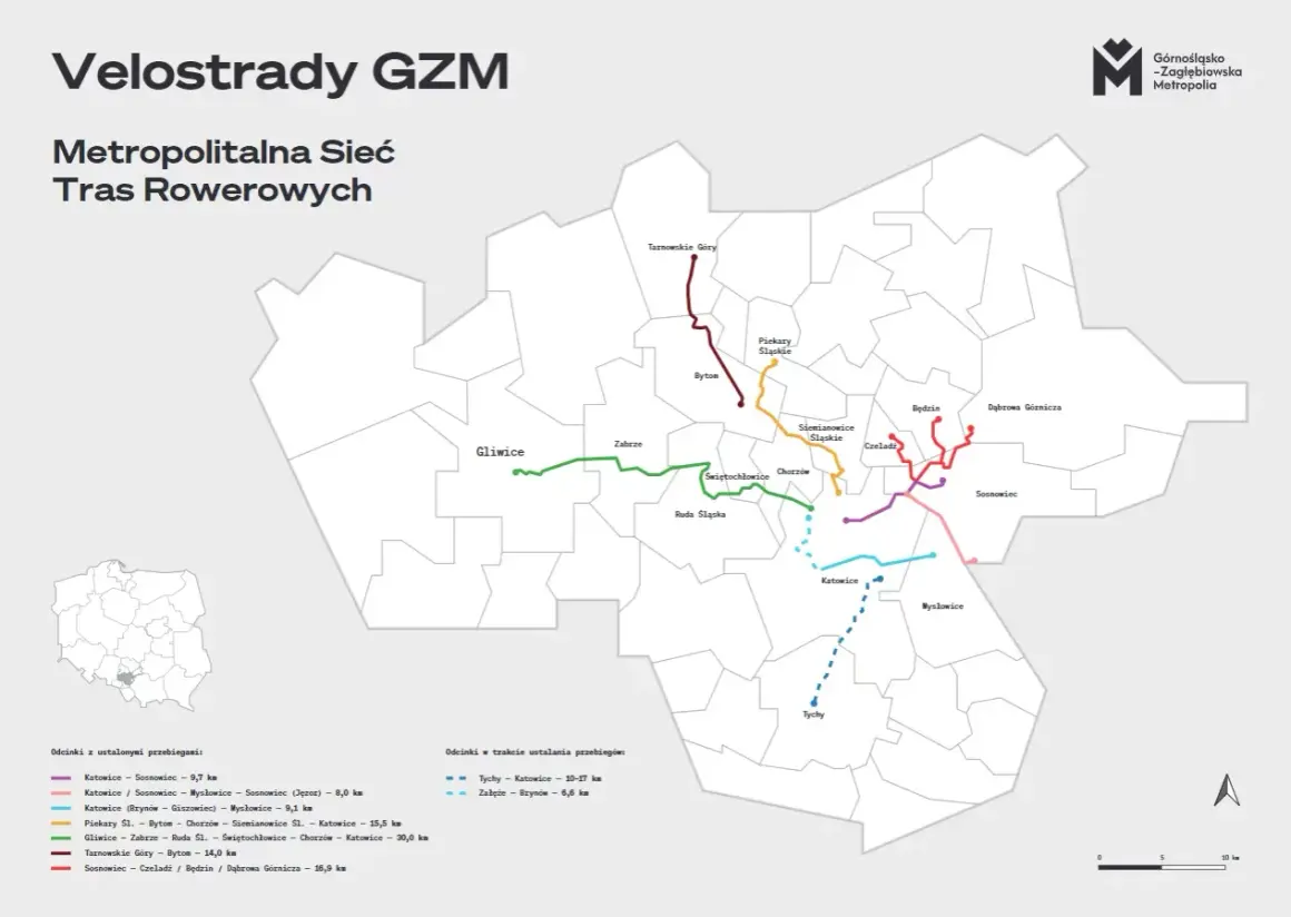 Mapa metropolitalnej sieci tras rowerowych GZM. Kolorowe linie pokazują przebieg tras, w tym te w okolicach Tychów, łączących miasta regionu.