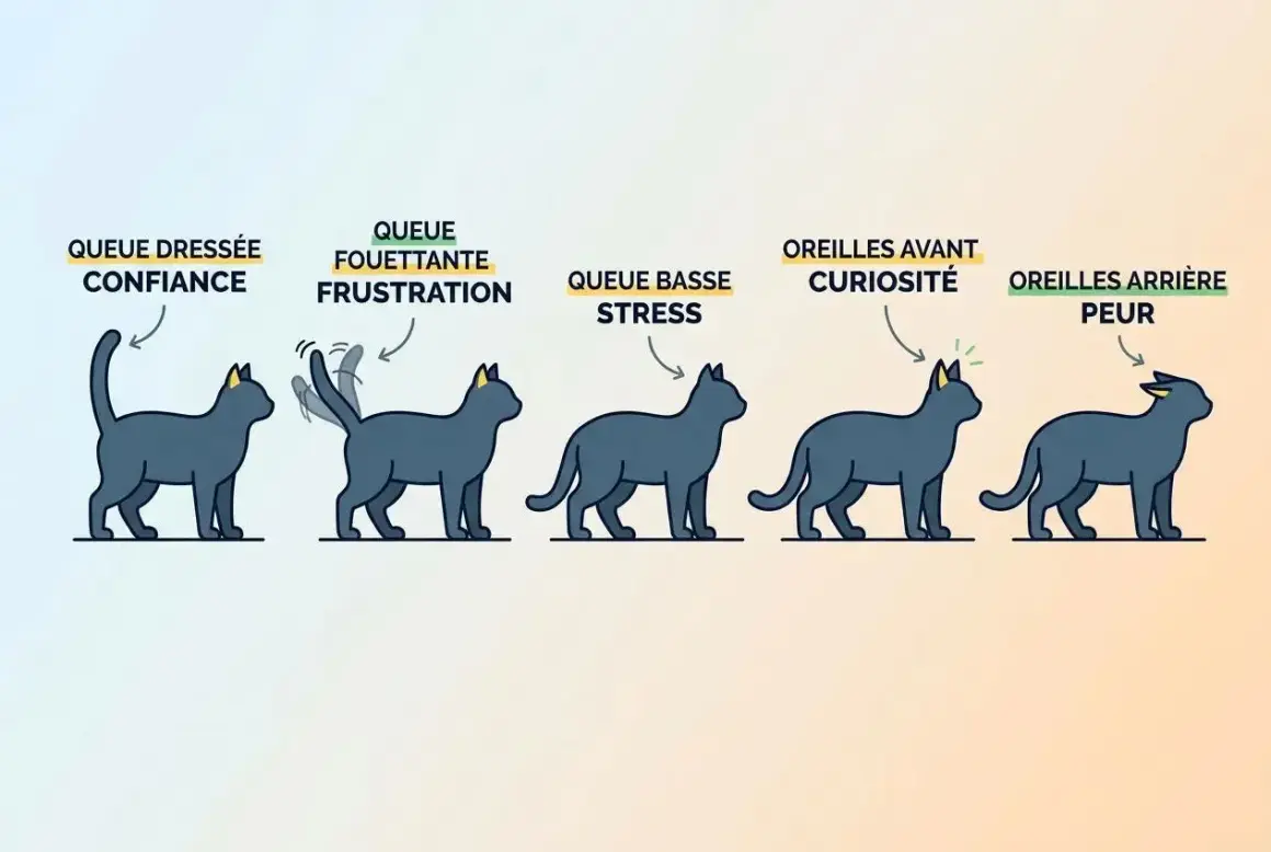 Cinq chats illustrent le langage corporel félin : confiance (queue dressée), frustration (queue fouettante), stress (queue basse), curiosité (oreilles avant) et peur (oreilles arrière).