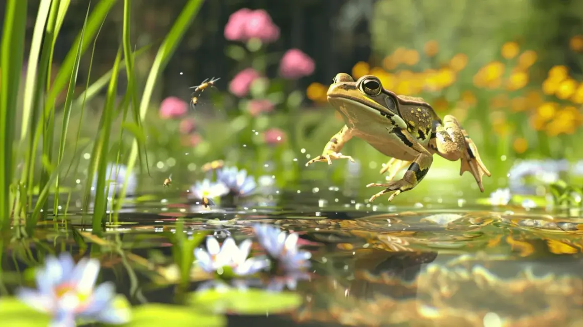 Une grenouille saute dans un jardin luxuriant, entourée de nénuphars et de fleurs colorées.