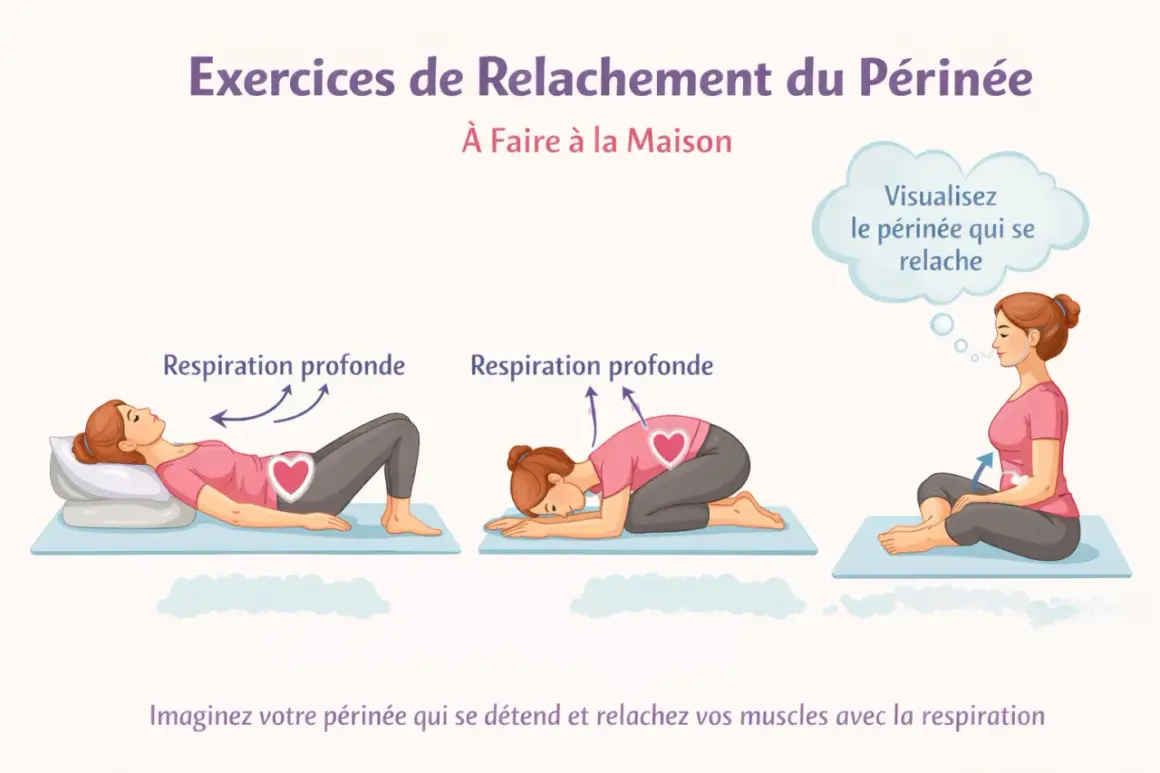 Exercices de relaxation du périnée à 70 ans. Trois postures guidant la respiration profonde pour détendre le plancher pelvien.