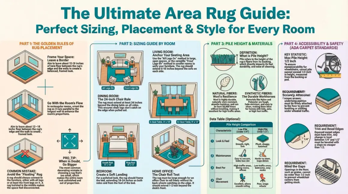 A bedroom rug should frame the bed, extending 18-24 inches on both sides and from the foot of the bed, creating a soft landing.