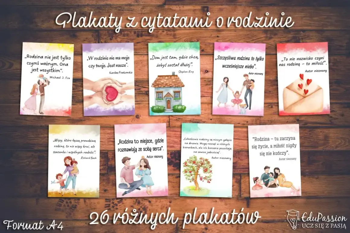 Plakaty z cytatami o rodzinie. Ilustracje przedstawiają szczęśliwe rodziny, dom, serce w dłoniach. Piękne cytaty o rodzinie.
