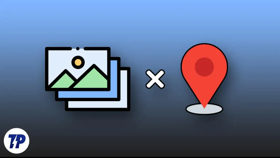 Stack of photos next to a location pin, symbolizing geotagging or adding location data to images.