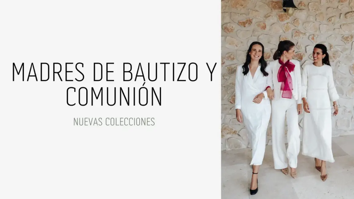 Tres mujeres lucen elegantes trajes blancos, perfectos como outfit para comunión.