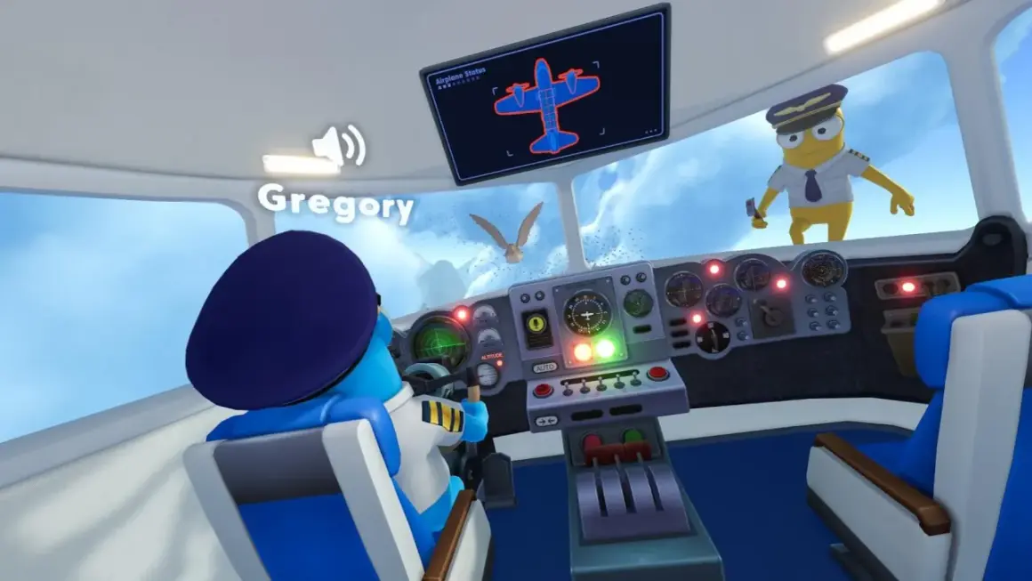 Wesoła, stara gra samoloty. Gregory pilotuje, a żółty pilot obserwuje ptaki za oknem.