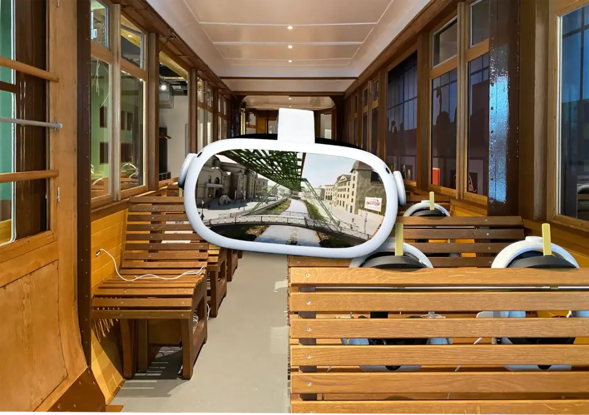 VR-Brille zeigt die Schwebebahn über dem Fluss in Wuppertal. Ein Blick in die Zukunft des Schwebodrom Wuppertal.
