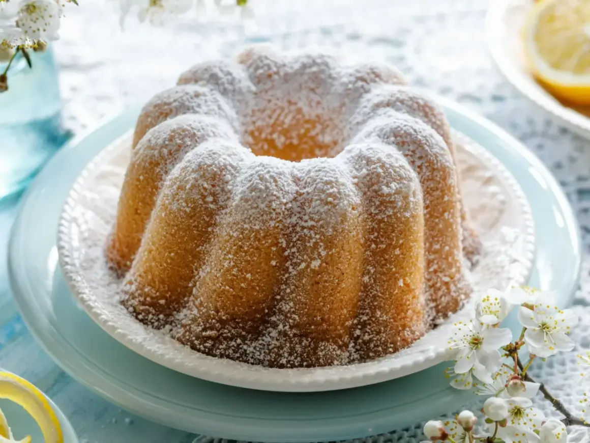 Puszysta babka cytrynowa oprószona cukrem pudrem, ozdobiona gałązką kwitnącej wiśni. Idealna na wiosenne popołudnie.
