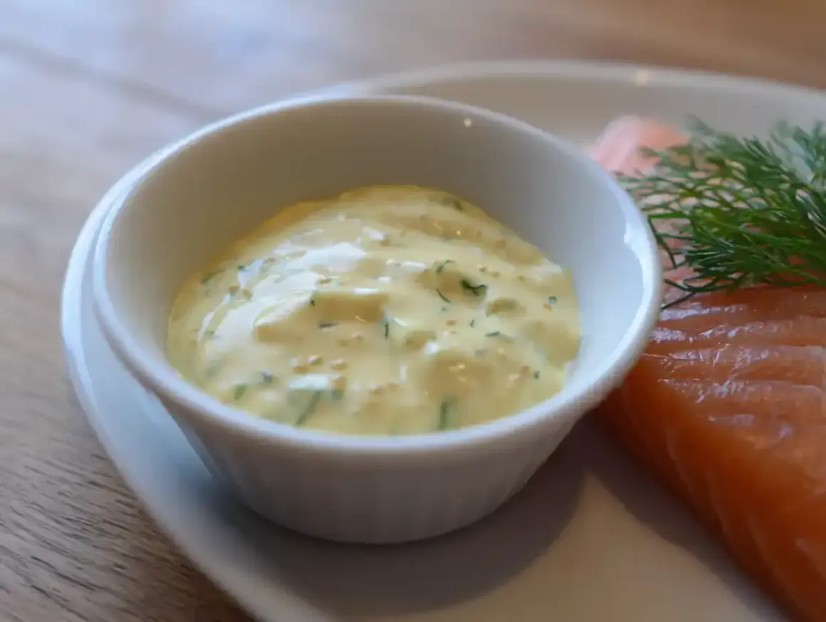En skål med krämig gravlaxsås enkel, med dill och senapsfrön, bredvid en bit lax.