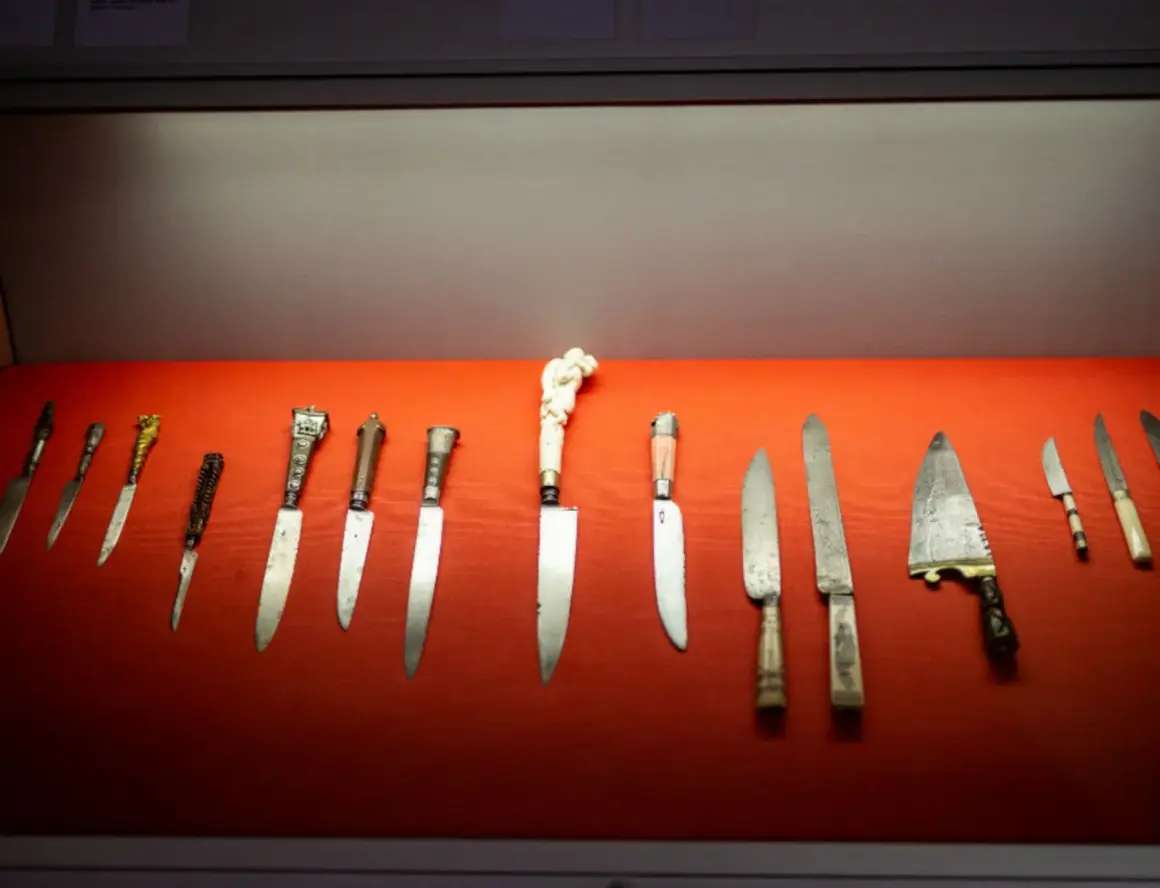 Ausstellung im Klingenmuseum Solingen: Eine Reihe historischer Messer mit kunstvollen Griffen auf rotem Samt.