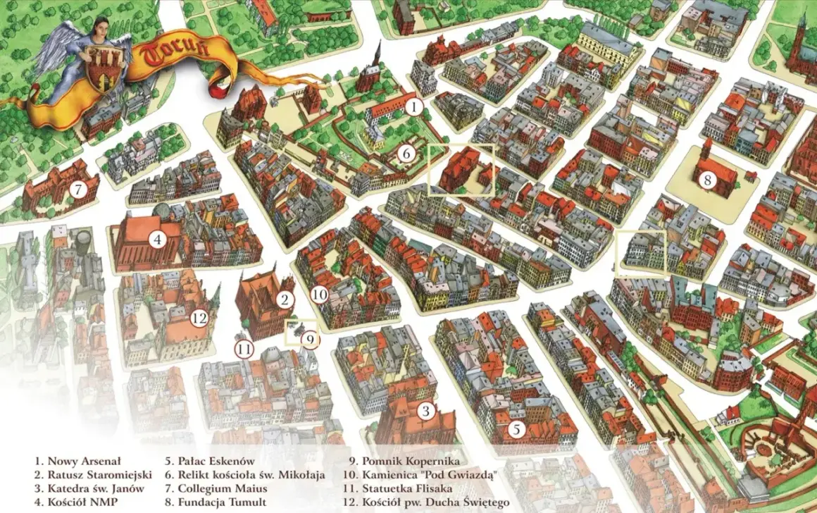Ilustrowana mapa Torunia z zaznaczonymi atrakcjami, w tym Ratuszem Staromiejskim i Pomnikiem Kopernika.