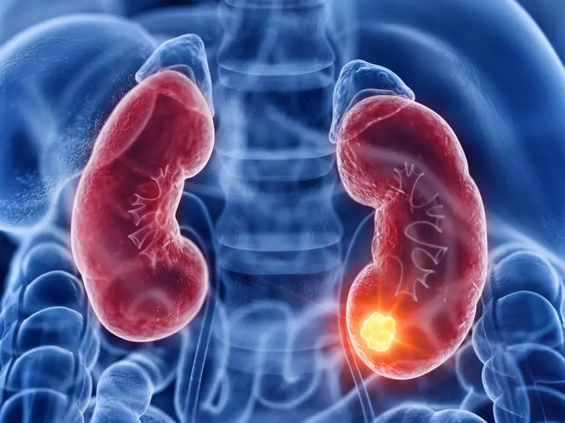 Darstellung von Nieren mit einem leuchtenden Tumor, der auf ein Nierenzellkarzinom hinweist, im Einklang mit der S3-Leitlinie.