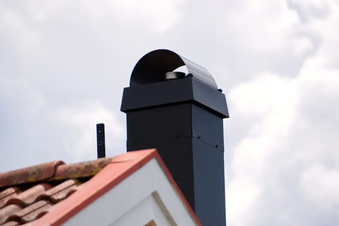 Schwarzer Schornstein mit Haube, Dachziegel und ein kleines schwarzes Rohr. Beachten Sie die schornstein revisionsklappe vorschriften.