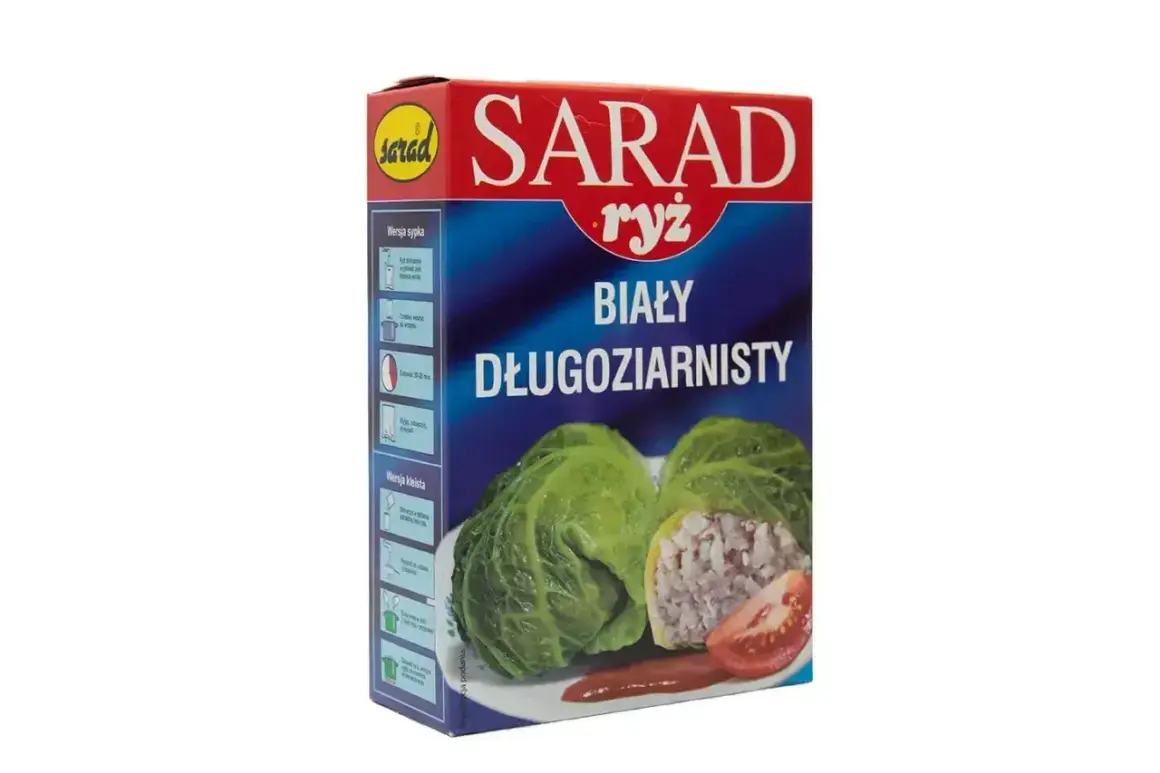 Ryż Sarad biały długoziarnisty – idealny ryż do gołąbków. Opakowanie z instrukcją przygotowania.