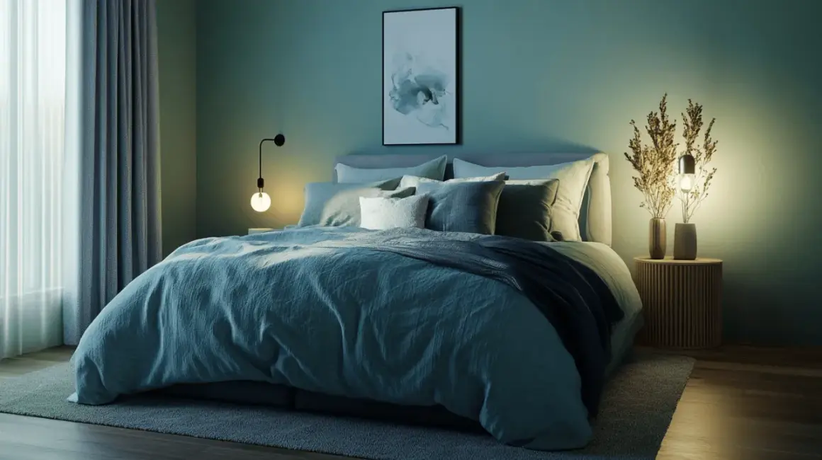 Gemütliches Schlafzimmer mit einer warmen Farbpalette aus Blau- und Grüntönen. Ein großes Bett mit vielen Kissen lädt zum Entspannen ein.