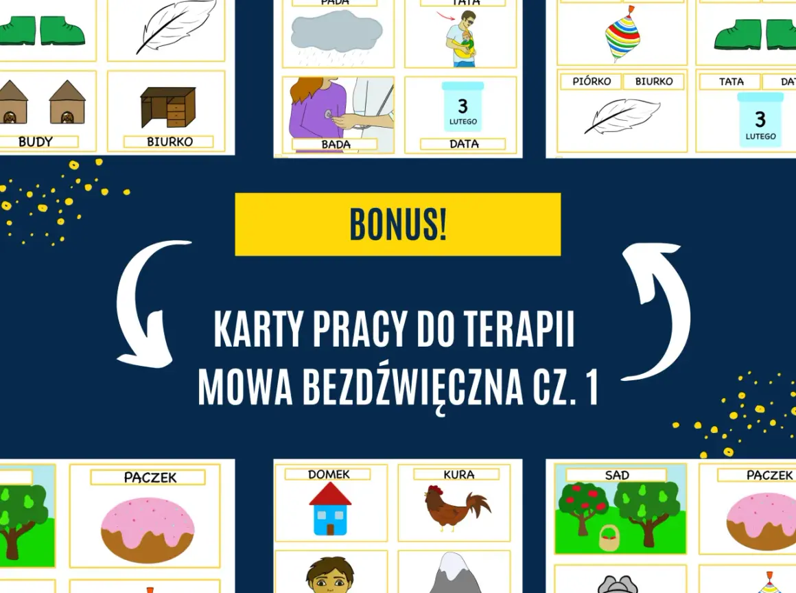 Karty pracy do terapii mowa bezdźwięczna: budy, biurko, piórko, tata, pączek, domek, kura, sad.