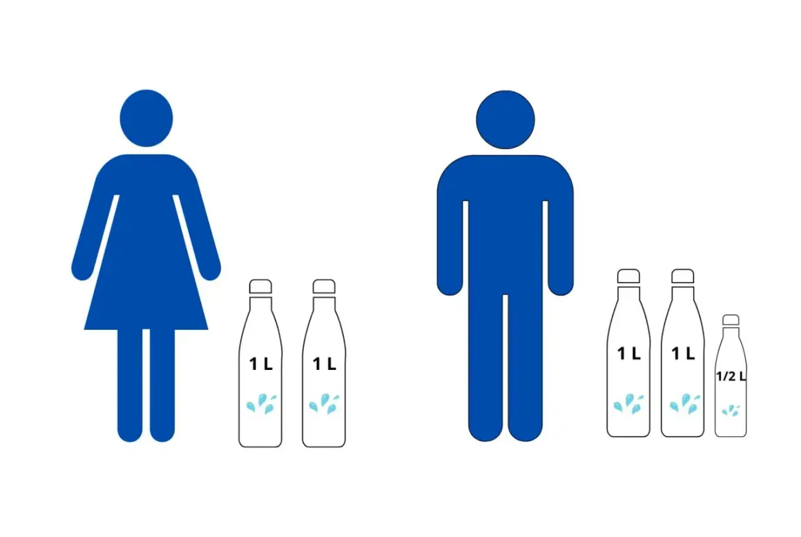 En illustration visar en kvinna med två 1-liters flaskor vatten och en man med två 1-liters flaskor och en halvliterflaska. Detta ger en visuell idé om hur mycket vatten man ska dricka per dag.