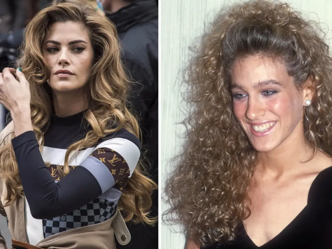 Två kvinnor med voluminöst, våfflat hår. Den ena har en modern look med en designerjacka, den andra en klassisk 80-talsstil.
