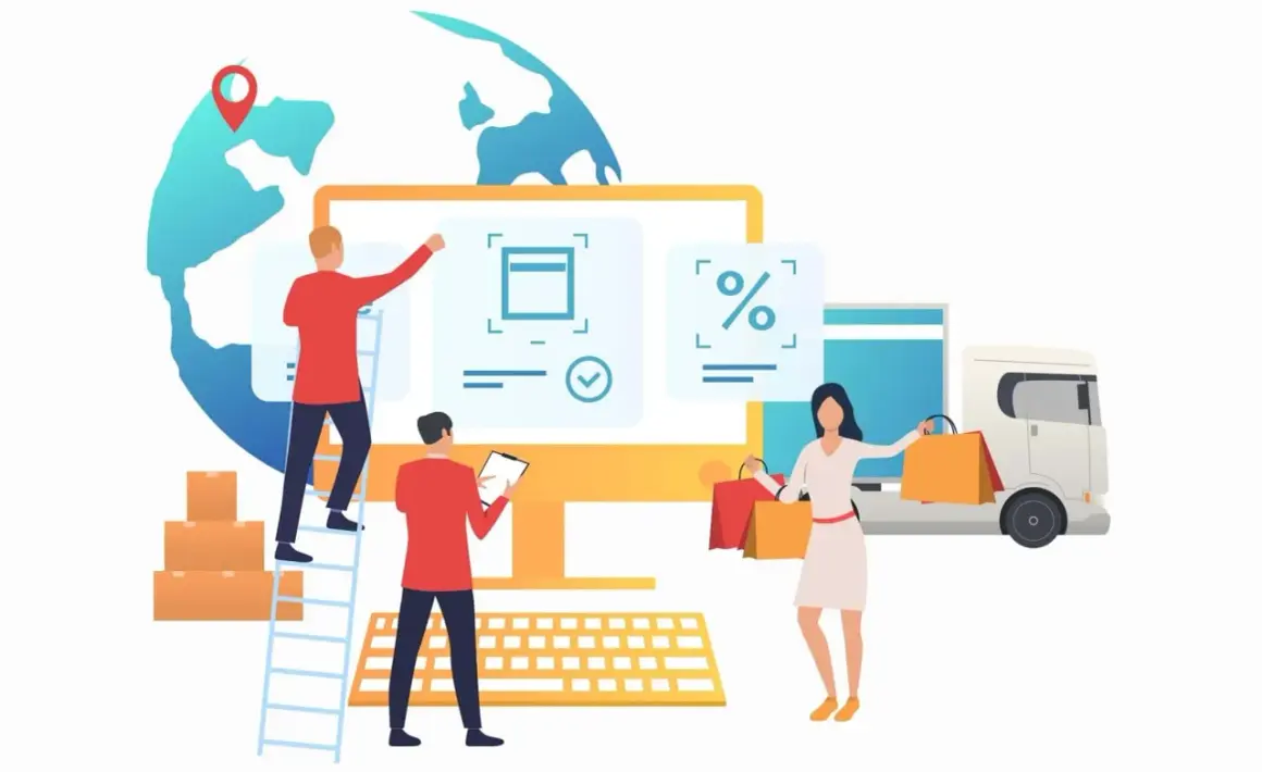 Persone interagiscono con un monitor che mostra icone di spedizione e percentuali, mentre un camion e borse della spesa suggeriscono la logistica di ritorno.