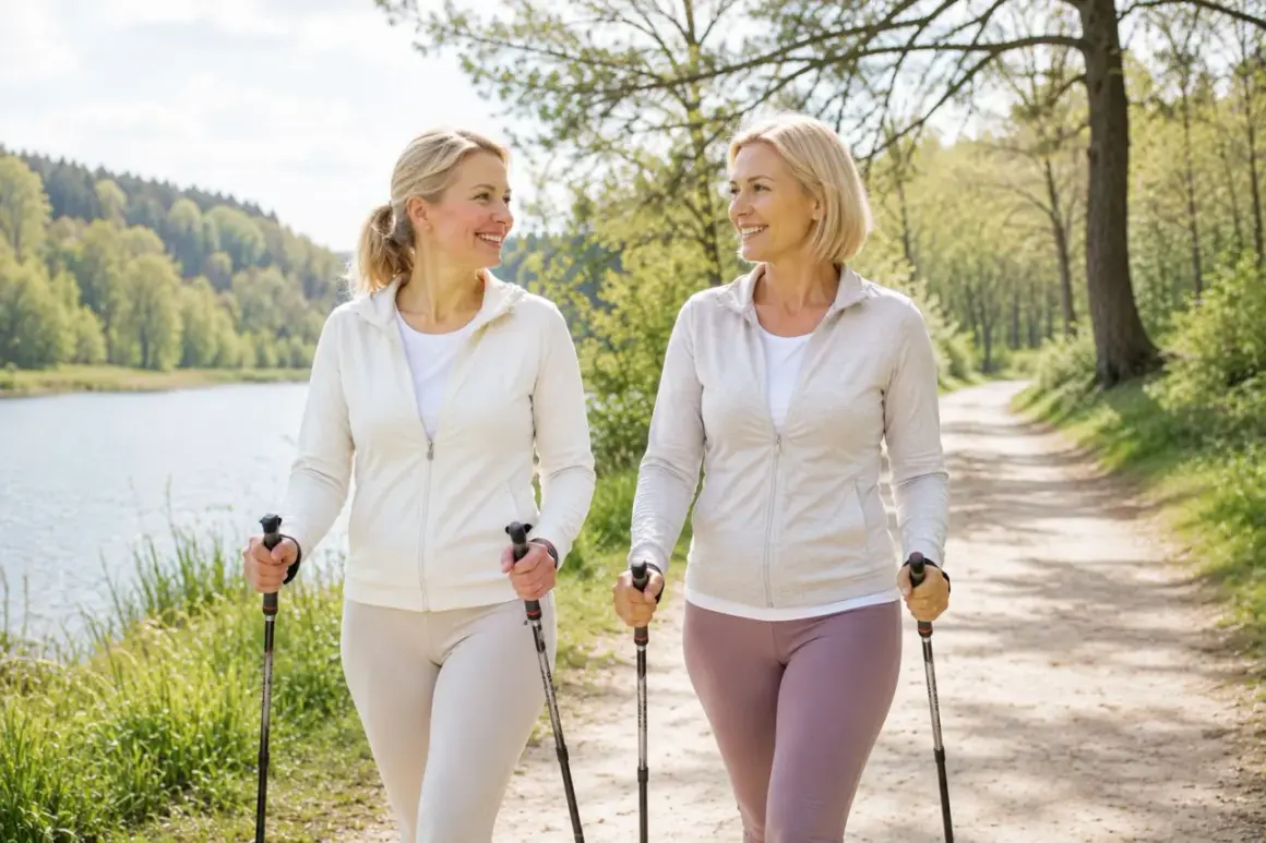 Dwie uśmiechnięte kobiety spacerują z kijkami po leśnej ścieżce. Widać, że nordic walking efekty są widoczne w ich dobrej kondycji i samopoczuciu.