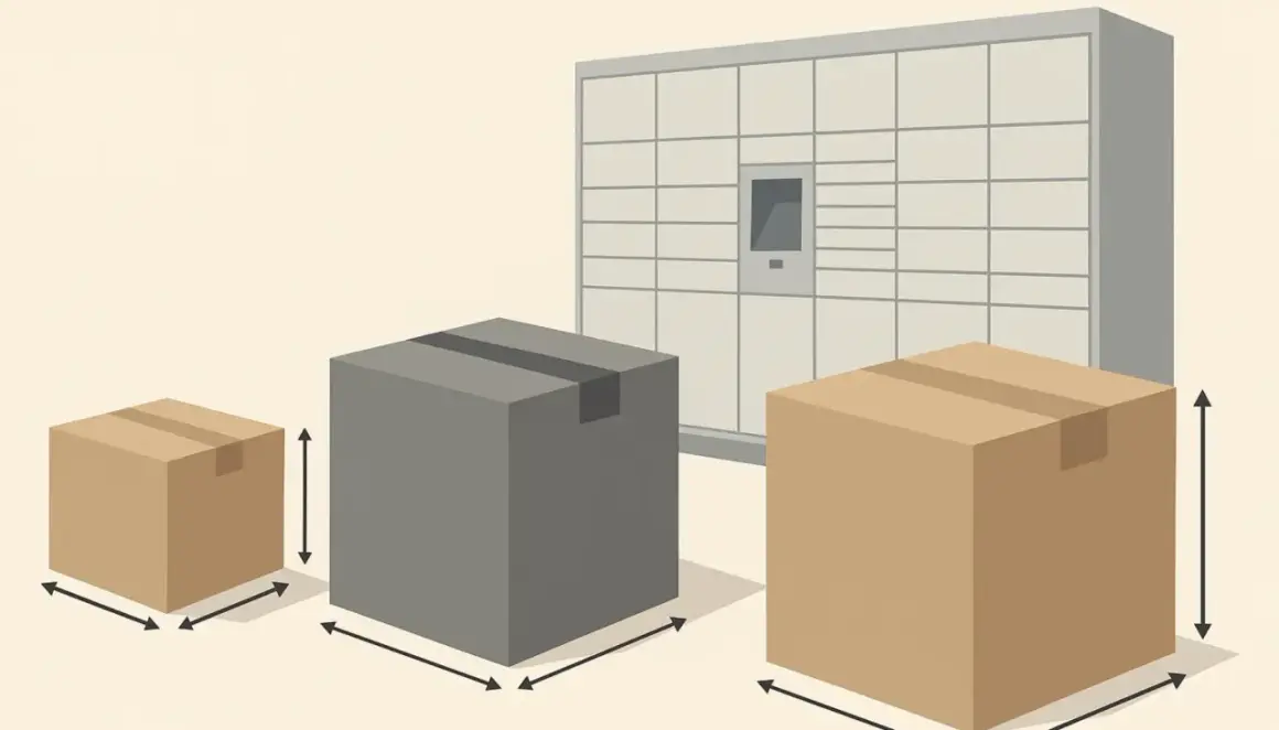 Trzy paczki o różnej wielkości obok automatu paczkowego InPost. Pokazano wymiary paczek, sugerując, jaki gabaryt a InPost jest dostępny.