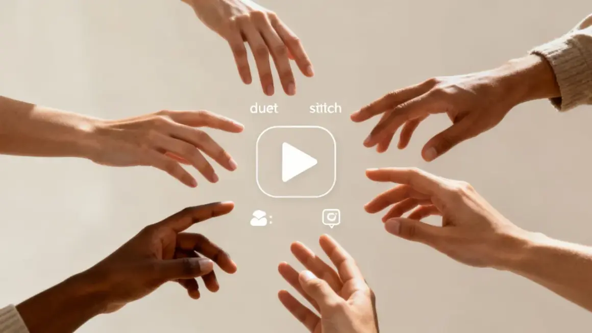 Hands reach for a play button, symbolizing collaboration and the creation of a social media viral video through duet and stitch features.